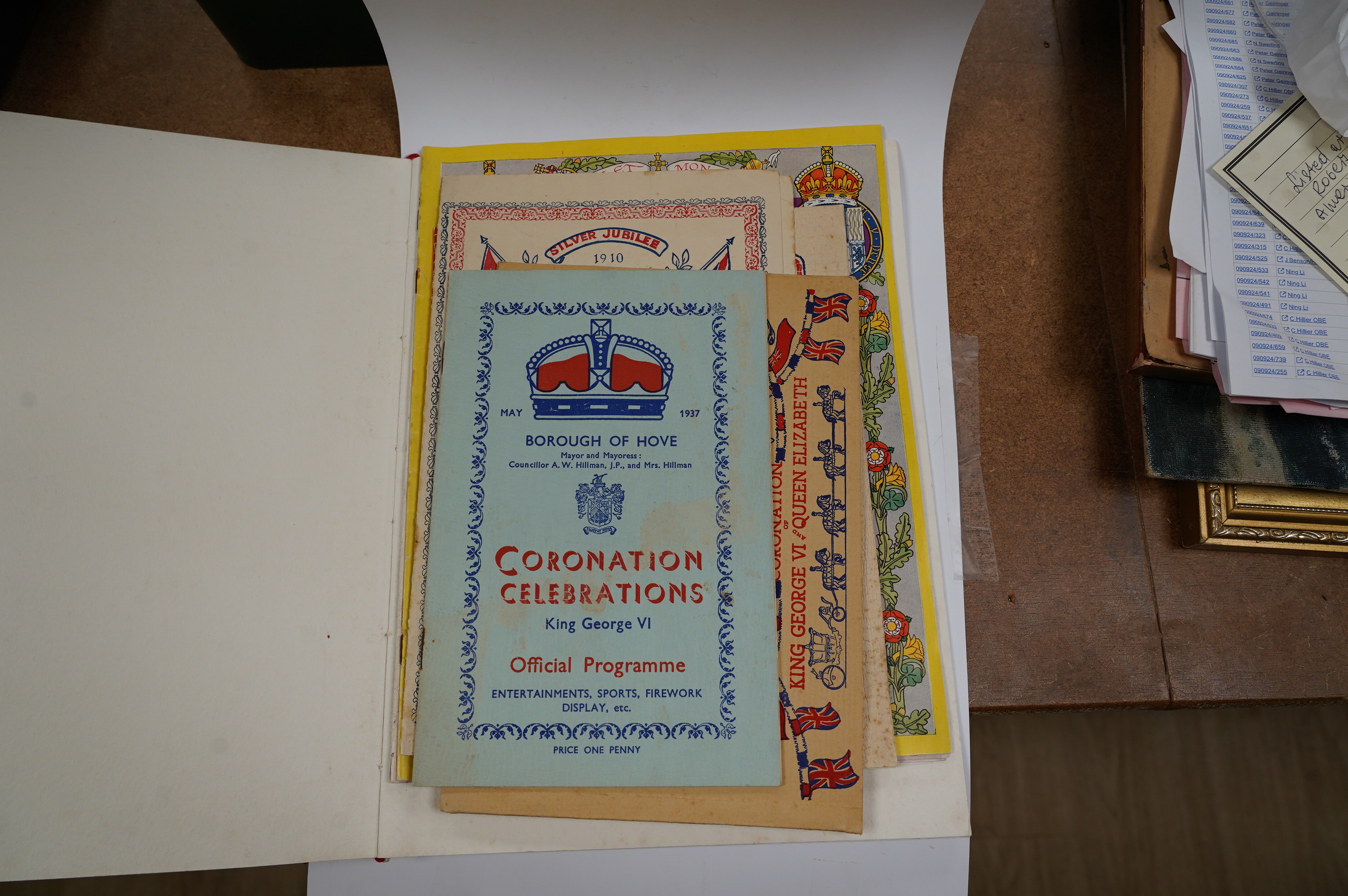 A quantity of Royal memorabilia including; a Corporation of London lunch menu to celebrate the silver wedding of Queen Elizabeth II, a program for the 1935 Silver Jubilee, a guide to the Coronation of George VI, etc. Con